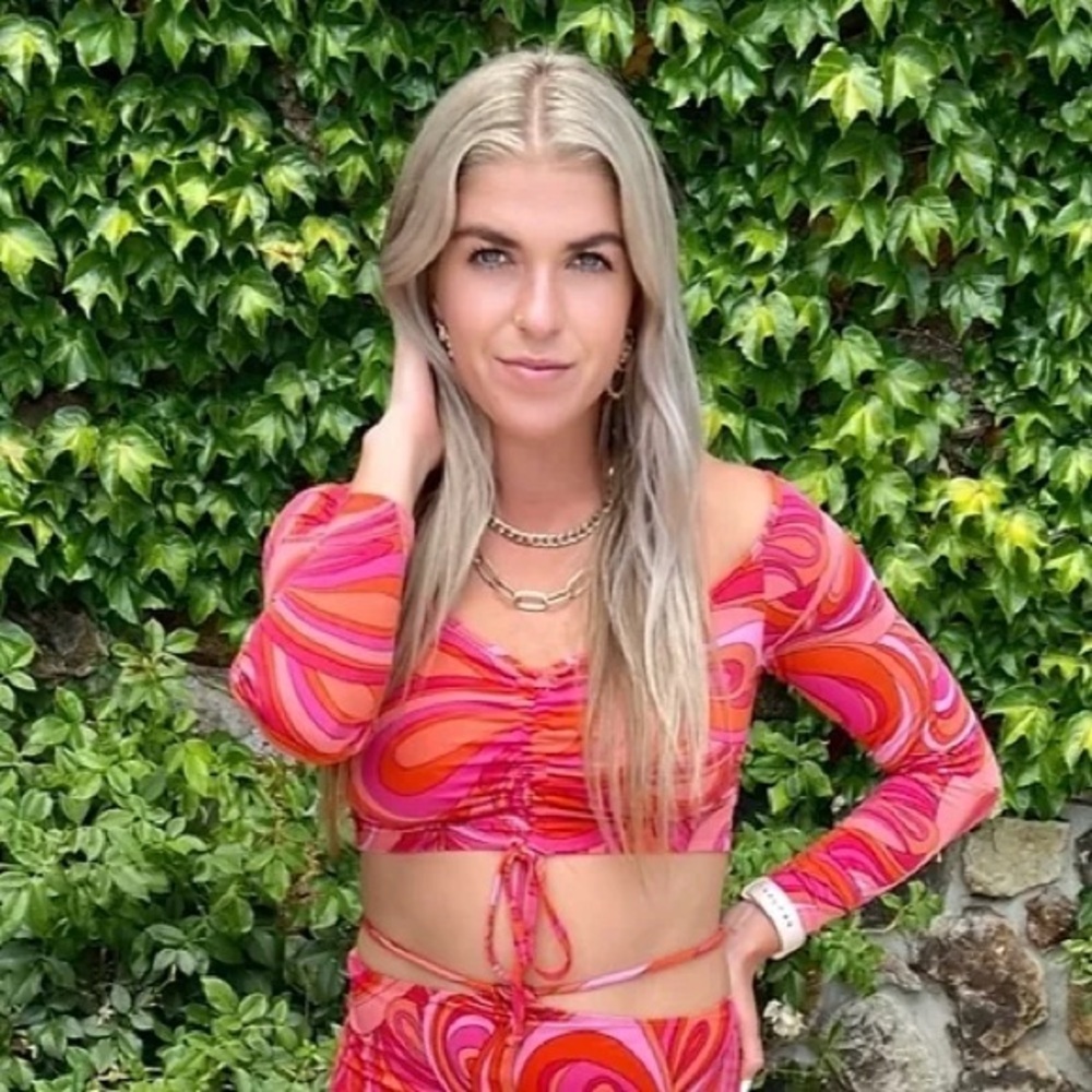 Vibrant Psychedelic Y2K 2000s Drawstring Tie Crop Top Long Sleeve Medium